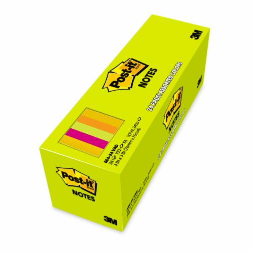 Post-it กระดาษโน๊ตโพสต์-อิท 654 สีสะท้อนแสง 3x3 นิ้ว(แพ็ค 24 ชิ้น/กล่อง)ยี่ห้อ3M