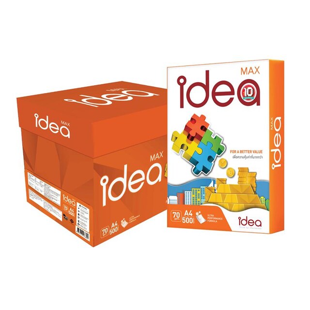 กระดาษถ่ายเอกสาร IDEA MAX (ไอเดียแมกช์) สีขาว A4 70แกรม (5รีม/1กล่อง) ราคา 90 บาท/1 รีม