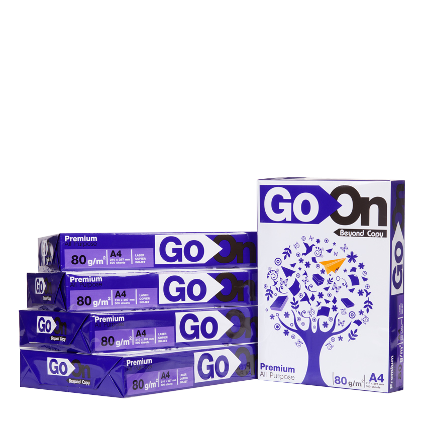 กระดาษถ่ายเอกสารยี่ห้อ GO-ON  A4 80แกรม 500 แผ่น/รีม (5รีม/1กล่อง) ราคา 88 บาท/1รีม