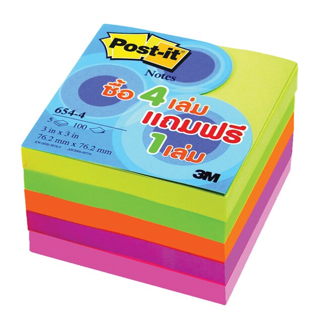 Post-it Notes กระดาษโน๊ตโพสต์-อิท ยี่ห้อ3M 654-4 (แพ็คสุดคุ้มนีออนซื้อ 4 แถม 1) 3x3 นิ้ว 5 สี (5 เล่ม/แพ็ค)