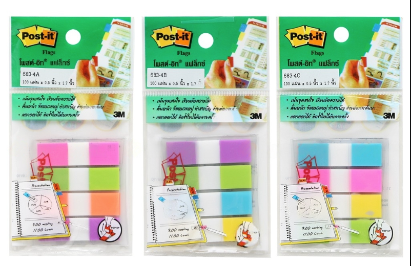 Post-it โพสต์อิท เทปแฟล็กซ์ ยี่ห้อ3M 683-4A/B/C 4 สี (มี 3 ชุดสีให้เลือก) 0.5x1.7 นิ้ว (25 แผ่น)