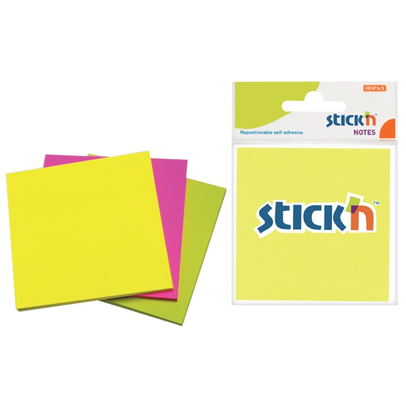 STICK'NOTES กระดาษโน้ตกาวในตัว สติกเอ็น รุ่น 21093  3x3นิ้ว คละสี(บานเย็น,เหลือง,เขียว)
